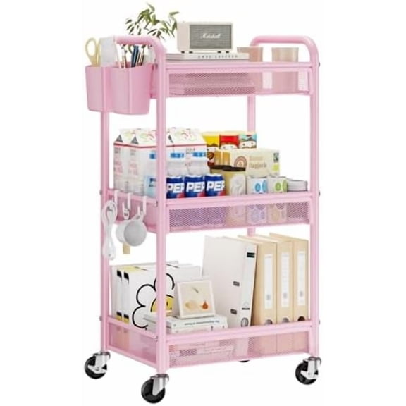 3 Tier Rolling Cart – Metal Utility Storage Cart with Wheels, Craft Cart Organizer with Hanging Cups, Hooks, Mesh Basket for Bedside Kitchen Office Art, Pink
