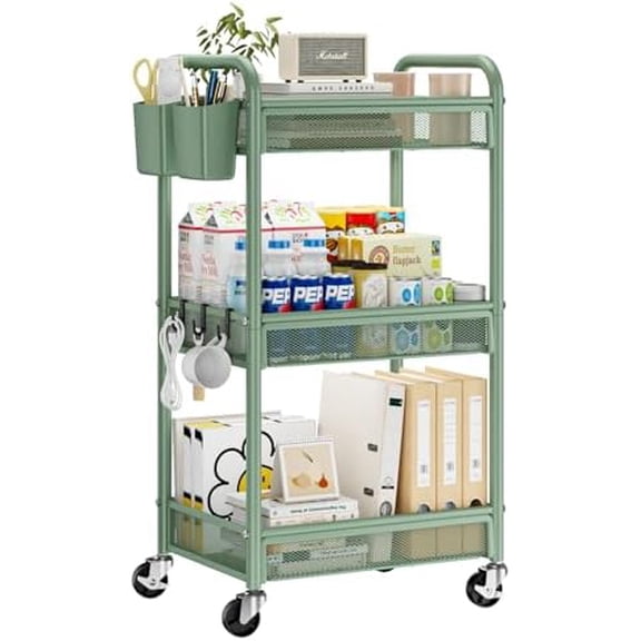 3 Tier Rolling Cart – Metal Utility Storage Cart with Wheels, Craft Carts Organizer with Hanging Cups, Hooks, Mesh Basket for Bedside Kitchen Office Art, Green