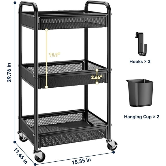 3 Tier Rolling Cart – Metal Utility Storage Cart with Wheels, Hanging Cups, Hooks, Mesh Basket for Bedside Kitchen Office Art, Black