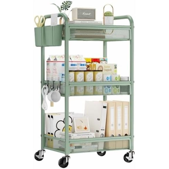 3 Tier Rolling Cart – Metal Utility Storage Carts with Wheels, Craft Carts Organizer with Hanging Cups, Hooks, Mesh Basket for Bedside Kitchen Office Art, Green