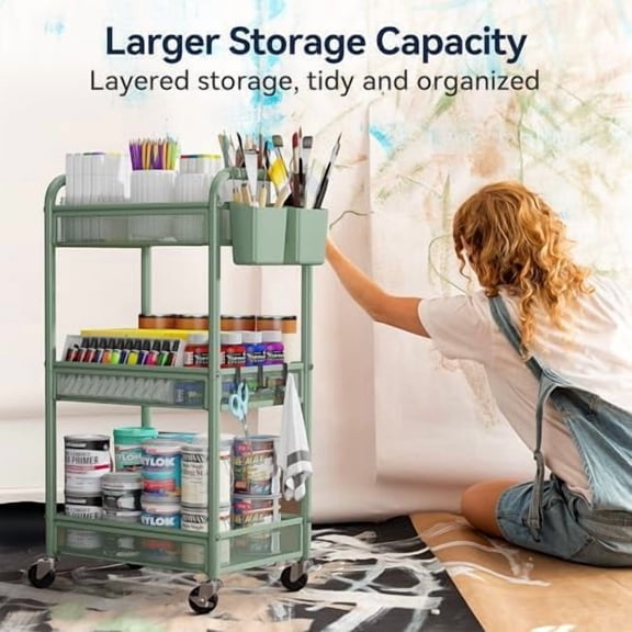 3 Tier Rolling Cart – Metal Utility Storage Carts with Wheels, Craft Carts Organizer with Hanging Cups, Hooks, Mesh Basket for Bedside Kitchen Office Art, Green