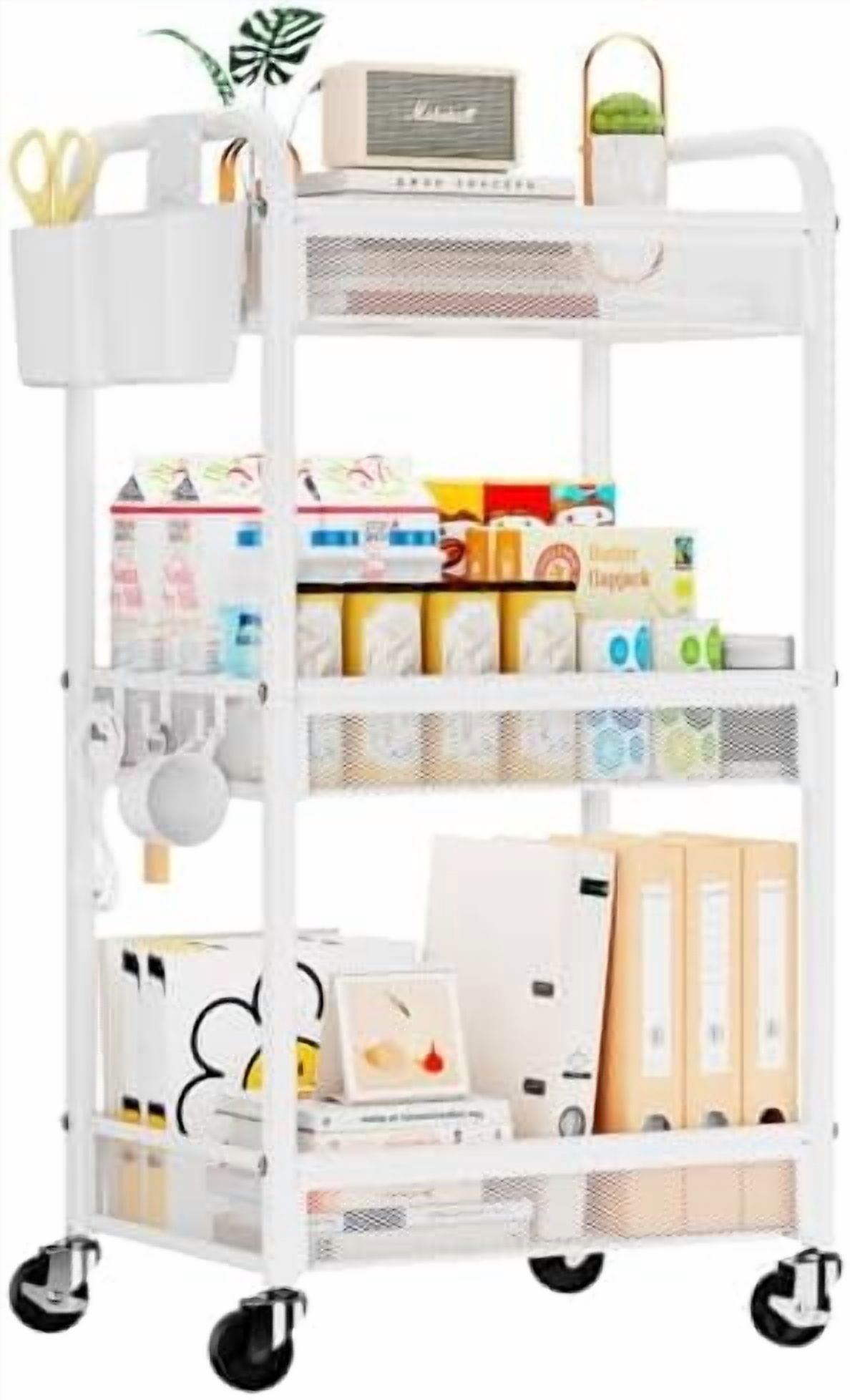 3 Tier Rolling Cart – Metal Utility Storage Carts with Wheels, Craft Carts Organizer with Hanging Cups, Hooks, Mesh Basket for Bedside Kitchen Office Art, White