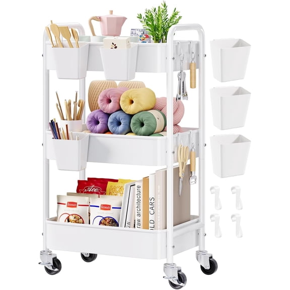 3 Tier Rolling Cart Metal with Wheels, White Three Tiered Craft Organizer on Storage Utility Carts for Art, Baby Nursery,Diaper Caddy, Cleaning Supplies, Nail,Lash,Snack,Book,Roller Shelf