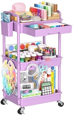 3 Tier Rolling Cart Organizer with Drawer, Bathroom Storage Carts with Wheels & Plastic Shelf, Mobile Storage Organizers for Kitchen, Office, Laundry Room, Baby, Snack, Craft, Makeup, Purple