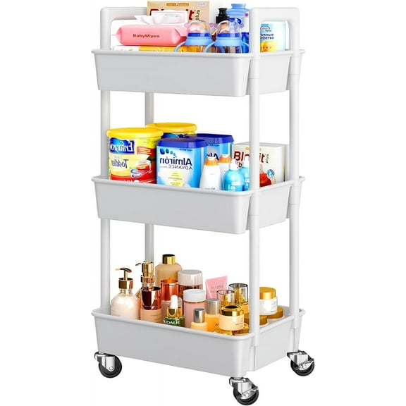 3 Tier Rolling Cart Organizer, Plastic Rolling Cart with Lockable Wheels & Reinforced Handle, Lightweight Utility Cart Storage Cart for Nursery, Kitchen, Bathroom, Craft Room, White,