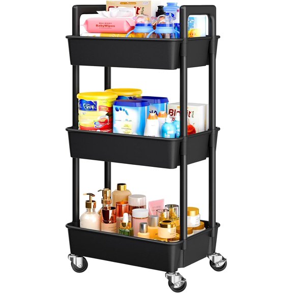 3 Tier Rolling Cart Organizer, Plastic Rolling Cart with Lockable Wheels & Reinforced Handle, Lightweight Utility Storage Cart for Nursery, Kitchen, Craft Room, Black