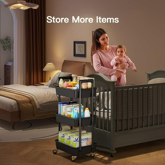 3 Tier Rolling Cart Organizer, Plastic Storage Cart with Lockable Wheels & Reinforced Handle, Lightweight Utility Cart for Nursery, Kitchen, Bathroom, Room, Black