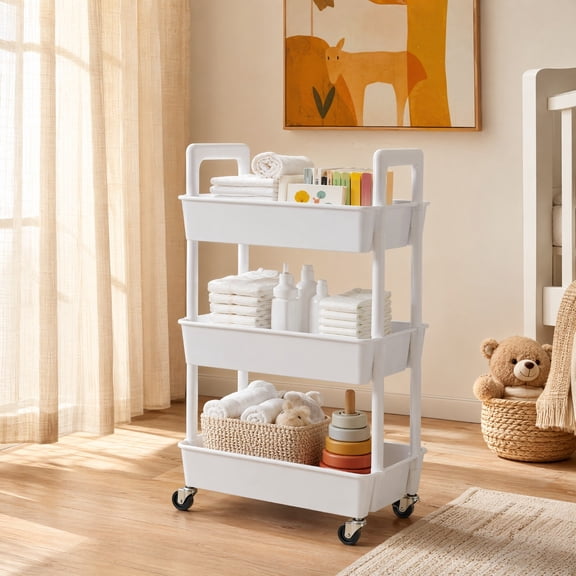 3-Tier Rolling Cart Organizer, Plastic Utility Cart with Lockable Wheels & Reinforced Handle, Lightweight Storage Cart for Nursery, Kitchen, Bathroom, Craft Room, White