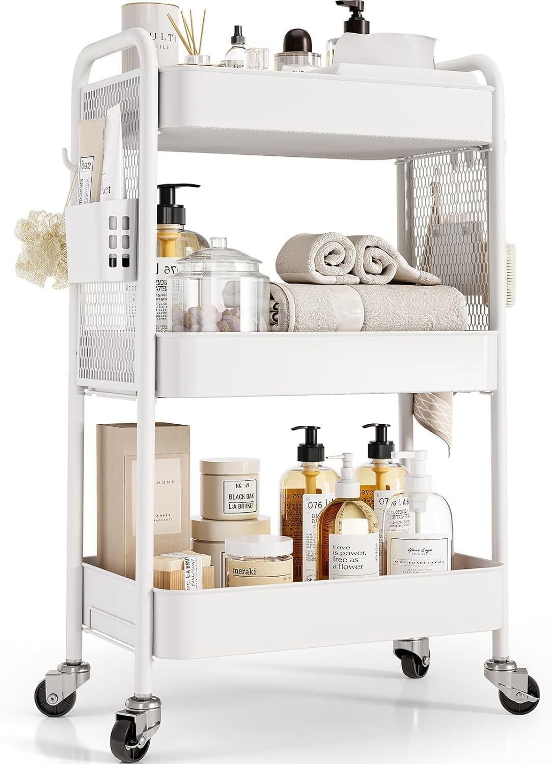 3 Tier Rolling Cart Storage Organizer Metal Rolling Utility Cart Wheels Hooks Bins Esthetician Craft Art Sturdy Storage Pegboard Bathroom Kitchen Off