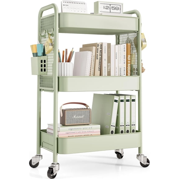 3 Tier Rolling Cart Storage Organizer, Metal Rolling Utility Cart with Wheels, Hooks & Bins Esthetician Craft Art Sturdy Storage with Pegboard for Bathroom, Kitchen, Office, Nursery Diaper