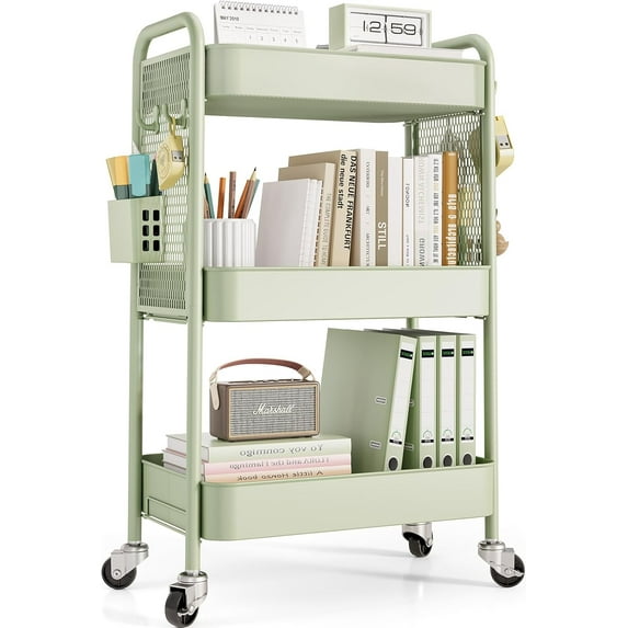 3 Tier Rolling Cart Storage Organizer, Metal Rolling Utility Cart with Wheels, Hooks & Bins Esthetician Craft Art Sturdy Storage with Pegboard for Bathroom, Kitchen, Office, Nursery Diaper