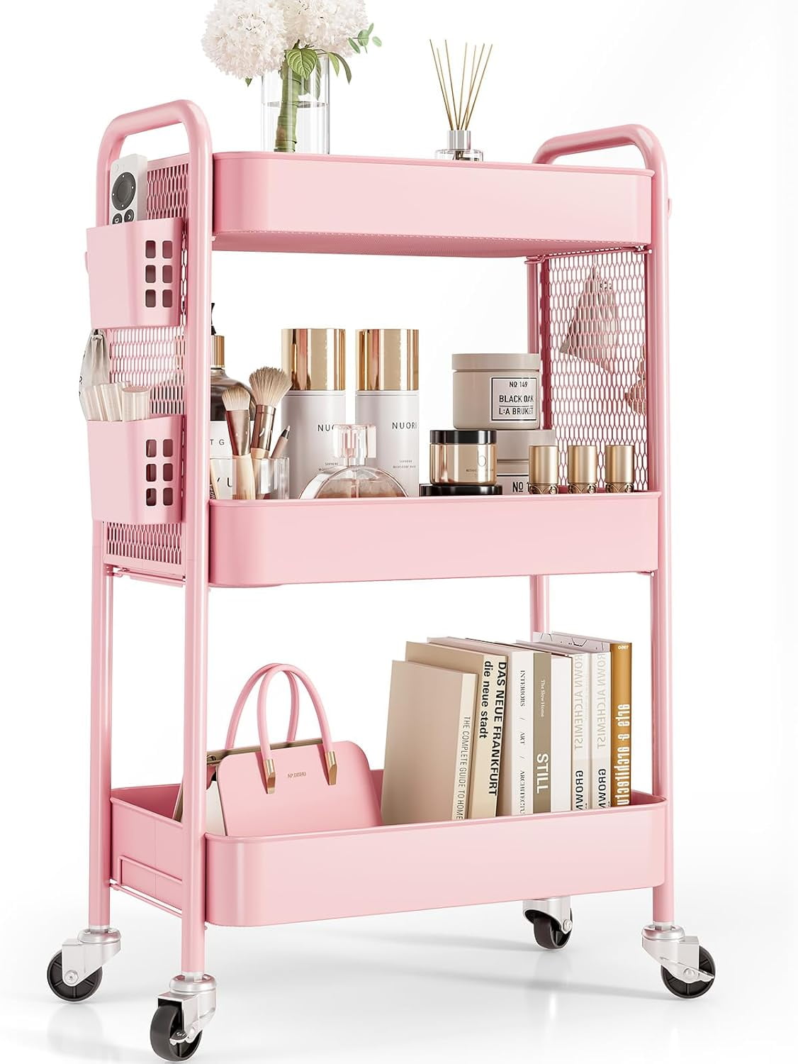 3 Tier Rolling Cart Storage Organizer Metal Rolling Utility Cart Wheels Hooks Bins Esthetician Craft Art Sturdy Storage Pegboard Bathroom Kitchen Off
