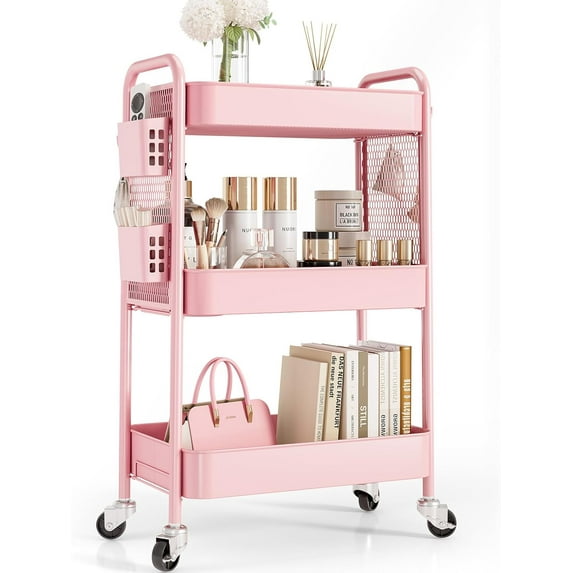 3 Tier Rolling Cart Storage Organizer, Metal Rolling Utility Cart with Wheels, Hooks & Bins Esthetician Craft Art Sturdy Storage with Pegboard for Bathroom, Kitchen, Office, Nursery Diaper