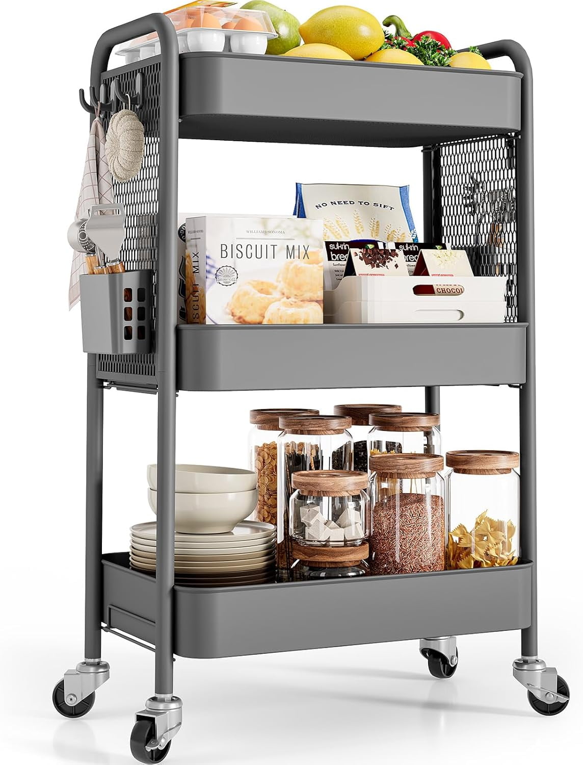 3 Tier Rolling Cart Storage Organizer Metal Rolling Utility Cart Wheels Hooks Bins Esthetician Craft Art Sturdy Storage Pegboard Bathroom Kitchen Off