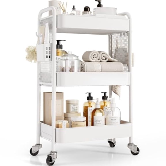 3 Tier Rolling Cart Storage Organizer Metal Rolling Utility Cart with Wheels Hooks Bins Esthetician Craft Art Sturdy Storage with Pegboard for Bathroom Kitchen Office Nursery Diaper