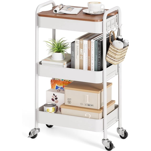 3-Tier Rolling Cart with Table Top, Metal Storage Cart on Wheels, Utility Organizer with Wooden Tray, Lockable Casters, Easy Assembly for Bathroom, Living Room, Office, Kitchen, White