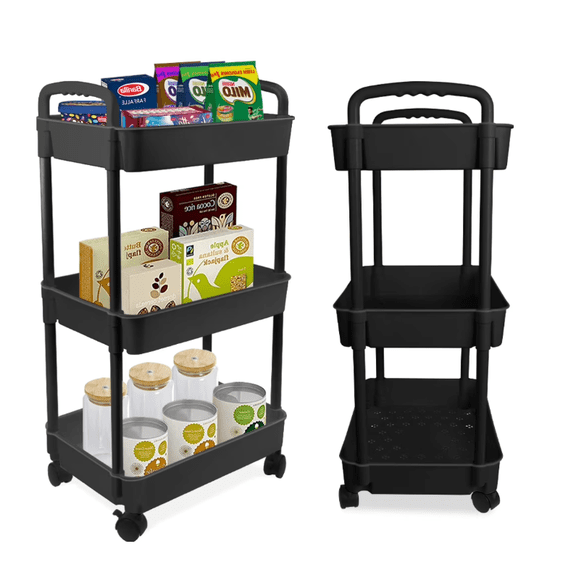 3 Tier Rolling Cart with Table Top | Metal Utility Organizer with Wheels & Hooks | Sturdy Storage Shelf for Kitchen, Bathroom, Laundry | Holds Snacks, Tea, Cups & More