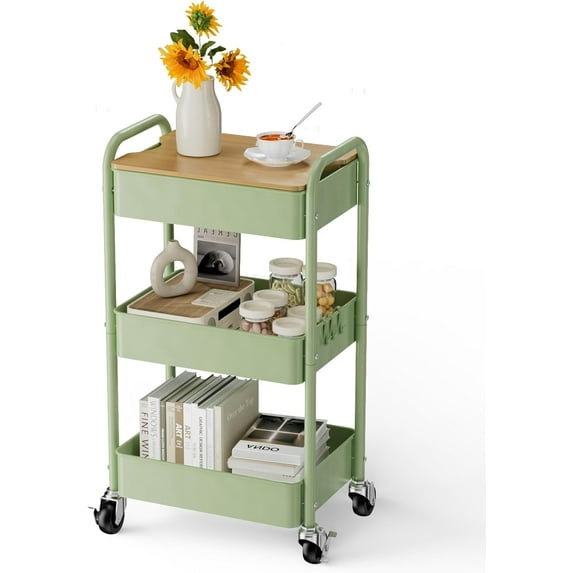 3 Tier Rolling Cart with Table top, Metal Rolling Utility Cart, Sturdy Storage Organizer Cart with Locking Wheels & Hooks for Office, Classroom, Kitchen and Bathroom