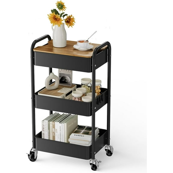 3 Tier Rolling Cart with Table top, Metal Utility Cart, Sturdy Storage Organizer Cart with Locking Wheels & Hooks for Office, Classroom, Kitchen and Bathroom