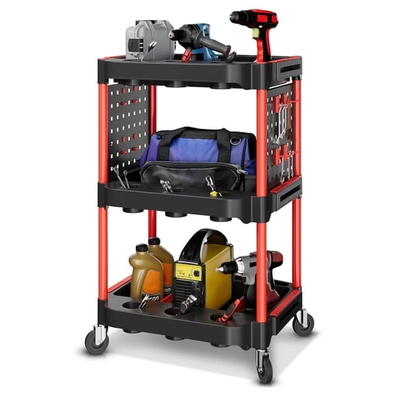 3-Tier Rolling Cart Trolley Detailing Cart with 9 Cup Holders and 2 Pegboards 120 kg/260 Lbs Capacity on Wheels Fits Garage, Home, Storage, Warehouse, and Workshop Use, Black/Red
