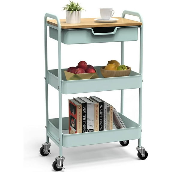 3 Tier Rolling Cart, Utility Cart with Drawer and Table Top, Metal Rolling Kitchen Storage Organizer Cart with Handle and Locking Wheels for Bathroom Office Balcony Living Room