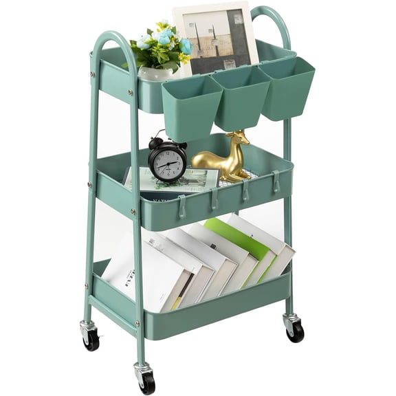 3-Tier Rolling Cart, Utility Cart Mobile Metal Storage with Lockable Wheels & Hanging Cups Hooks for Kitchen, Bathroom, Office, Workshop, Green