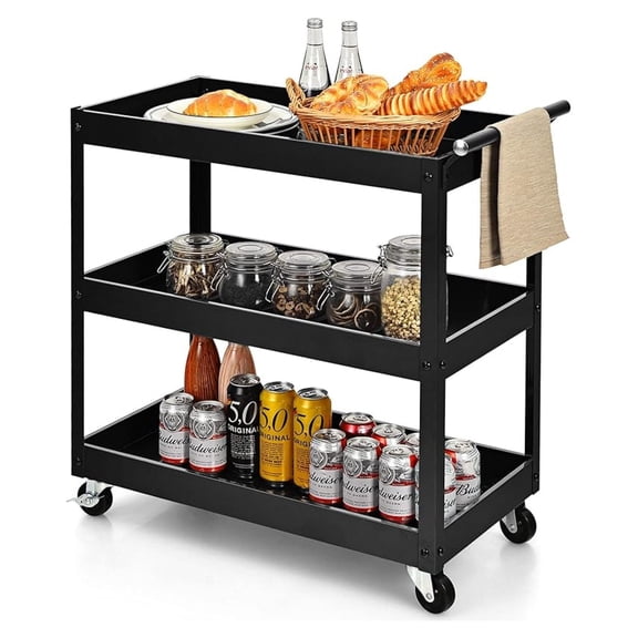 3 Tier Rolling Cart, Utility Cart on Wheels with 330lbs Load Capacity & Ergonomic Handle, Tool Cart Organizer Service Carts for Garage, Office, Library, Workshop (Black)