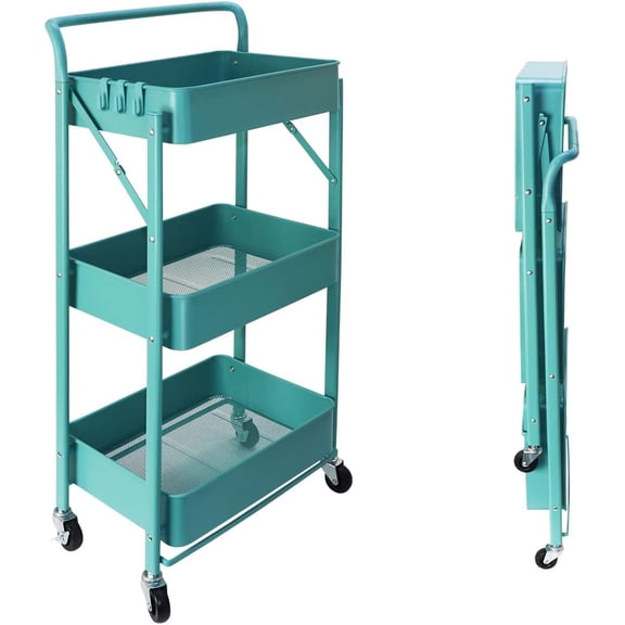 3 Tier Rolling Cart Utility Folding Storage Cart with Handle, Free Installation Rolling Cart Metal Mobile Storage Organizer Cart with Wheels for Teachers, Blue