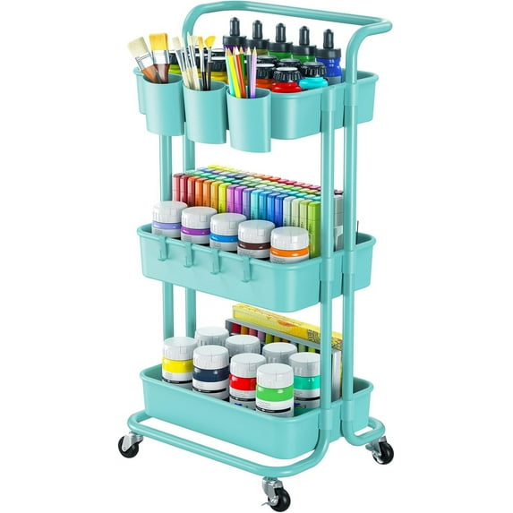 3-Tier Rolling Cart with Wheels, Rolling Storage Cart with 3 Hanging Cups & 4 Hooks, Mobile Utility Cart, Art Cart Organizer, Craft Cart for Office, Kitchen, Craft Room, Turquoise, PIUC06TB
