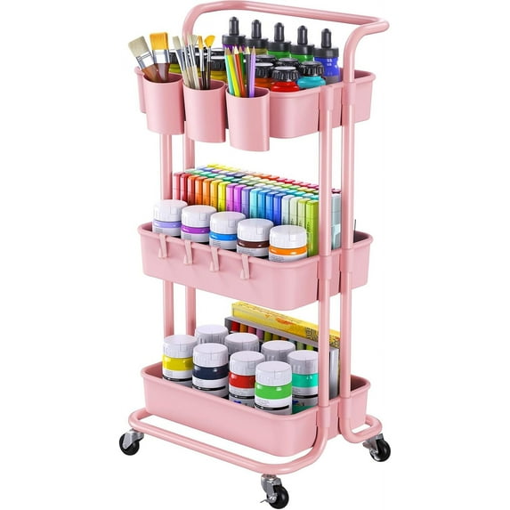 3-Tier Rolling Cart with Wheels - Rolling Storage Cart with Hanging Cups and Hooks - Mobile Multi-Purpose Cart for Office, Kitchen, Craft Room - Arts and Crafts Storage Box