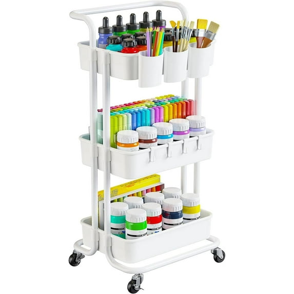 3-Tier Rolling Cart with Wheels - Rolling Storage Cart with Hanging Cups & Hooks - Mobile Utility Cart for Office, Kitchen, Craft Room - Art & Craft Organizer, White, PIUC06W