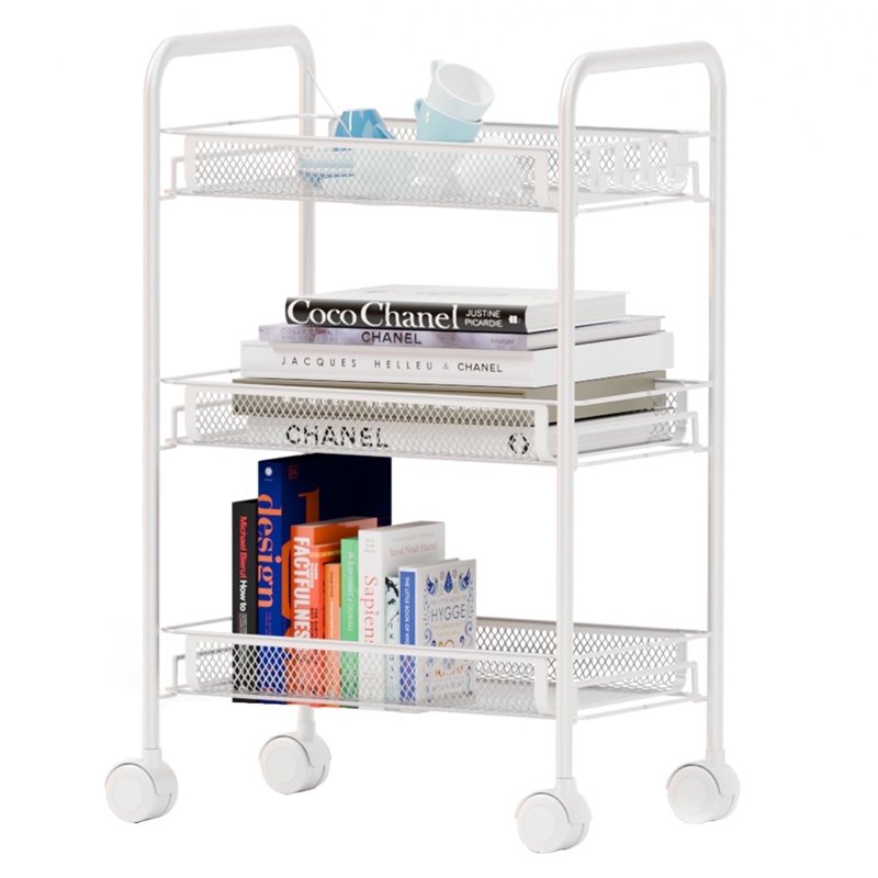 CATGOOD 3 Tier Rolling Cart on Wheels, Multifunctional Mesh Utility Cart with 4 Side Hooks for Home Bathroom Kitchen Office Living Room, White