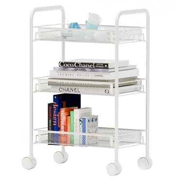 CATGOOD 3 Tier Rolling Cart on Wheels, Multifunctional Mesh Utility Cart with 4 Side Hooks for Home Bathroom Kitchen Office Living Room, White