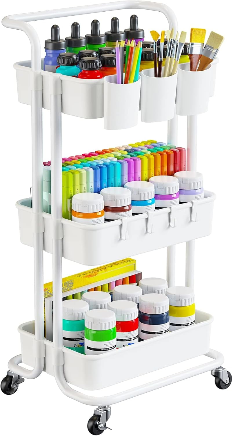 White 3-Tier Metal Rolling Utility Cart with Lockable Wheels