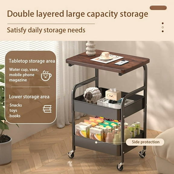 3-Tier Rolling Cart With Wooden Tabletop, Metal Utility Storage Cart With Wheels, Multifunctional Movable Serving Cart, For Office, Book Organizer For Classroom, Home, Bedroom