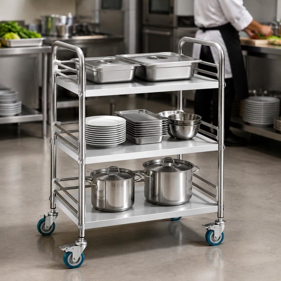 3-Tier Rolling Cart, made of stainless steel, with lockable wheels, suitable for lab, clinic, kitchen and salon use