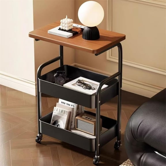 3-Tier Rolling Cart w/Wooden Tabletop, Utility Cart w/Lockable Wheels, Easy Rolling Utility Cart, Multipurpose Storage Organizer Trolley Beauty Book Craft Tea Art Trolley with Wooden Table Top