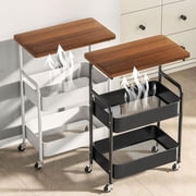 3-Tier Rolling Cart w/Wooden Tabletop, Utility Cart w/Lockable Wheels, Easy Rolling Utility Cart, Multipurpose Storage Organizer Trolley Beauty Book Craft Tea Art Trolley with Wooden Table Top