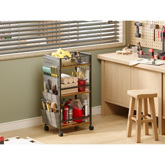 3 Tier Rolling Cart with Brush Holder, Adjustable Storage Organizer for Art Room, Desk & Workshop