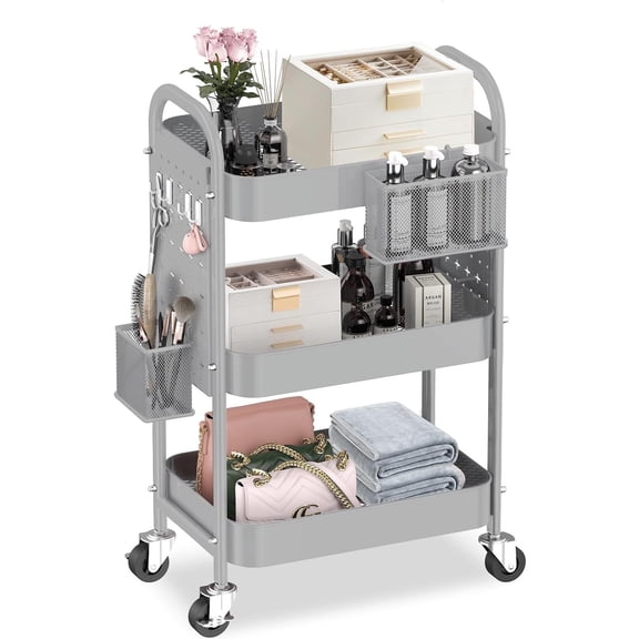 3 Tier Rolling Cart with DIY Pegboards Metal Utility Cart with Wheels Handles Baskets Hooks, Craft Cart for Office Kitchen Bathroom(Light Gray)