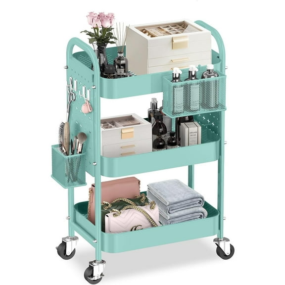 3 Tier Rolling Cart with DIY Pegboards Metal Utility Cart with Wheels Handles Baskets Hooks, Craft Cart for Office Kitchen Bathroom(Tiffany Blue)