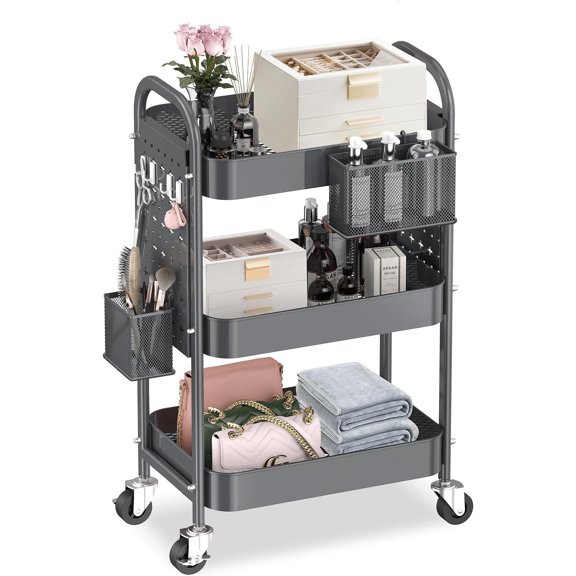 3 Tier Rolling Cart with DIY Pegboards Metal Utility Cart with Wheels Handles Baskets Hooks, Storage Cart for Office Kitchen Bathroom(Gray)