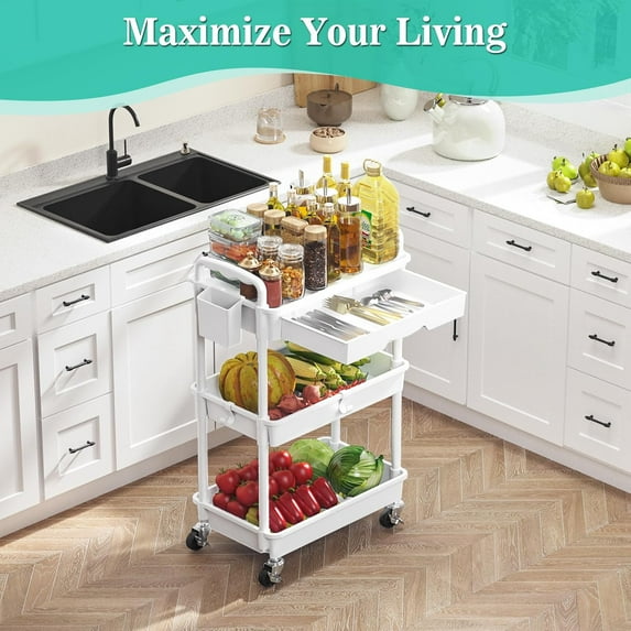 3 Tier Rolling Cart with Drawer, White Multifunctional Storage Organizer for Bathroom, Kitchen, Office