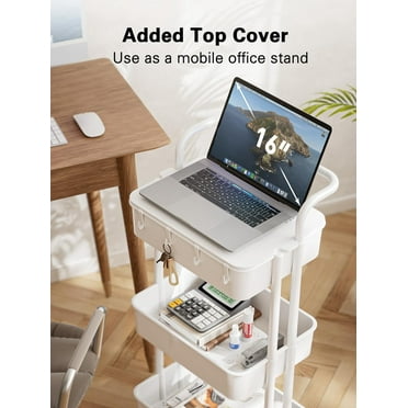 3 Tier Rolling Cart with Table Top, White Utility Cart with Wheels & 4 Hooks for Home Storage and Organization