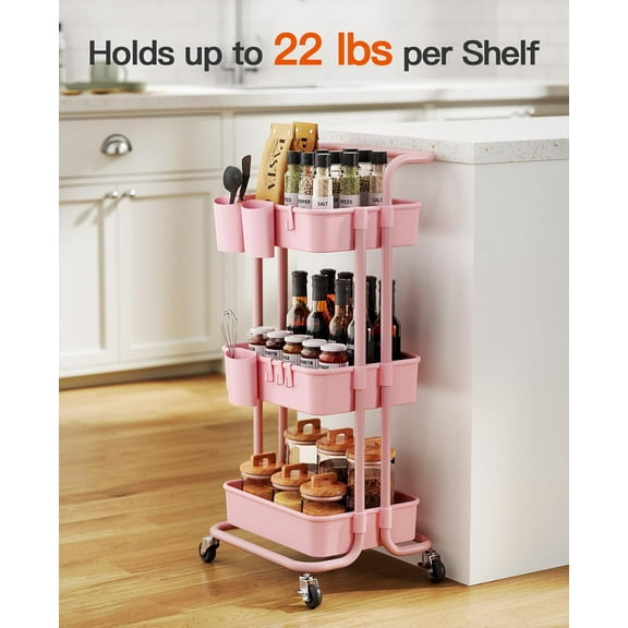 3-Tier Rolling Cart with Wheels, Hanging Cups & Hooks, Pink Mobile Organizer for Office, Kitchen, Room