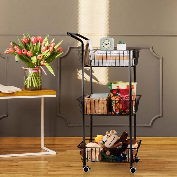 3-Tier Rolling Cart with Wheels, Metal Storage Organizer with Handles for Kitchen, Bathroom, Laundry, Black
