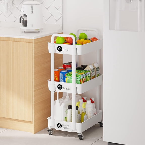3-Tier Rolling Cart with Wheels, Multifunction Storage Organizer for Kitchen, Bathroom, Laundry, White