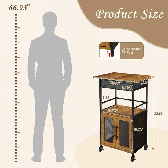 3 Tier Rolling Coffee Cart with 2-Door & Pull-Out Wire Basket Drawer, Movable Coffee Cabinet on Lockable Casters, 32.7" H Microwave Cart with Storage for Home, Kitchen, Dining Room (Rustic Brown)