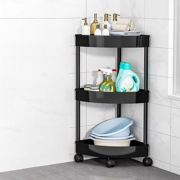 3-Tier Rolling Corner Shelf Cart | Mobile Bathroom & Kitchen Storage Organizer with Wheels | White or Black Plastic Rolling Cart for Toiletries, Snacks & Living Room Organization