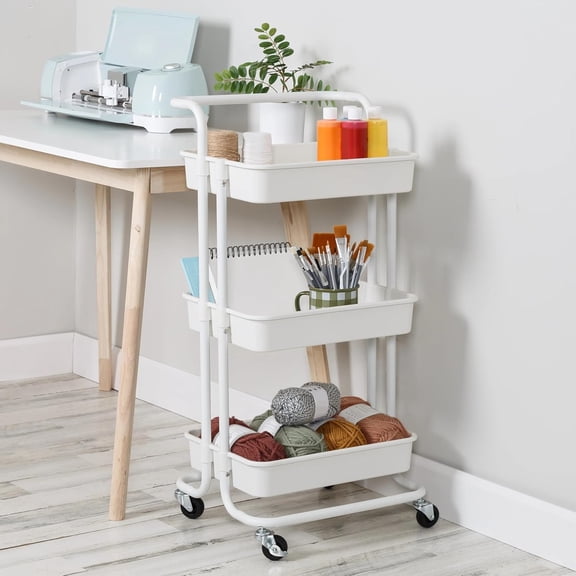 3-Tier Rolling Craft Cart with Handle - Versatile Slim Storage Organizer for Bathroom, Laundry Room, Kitchen & Office - Mobile Utility Cart for Essentials, Toiletries, and SuppliesWhite